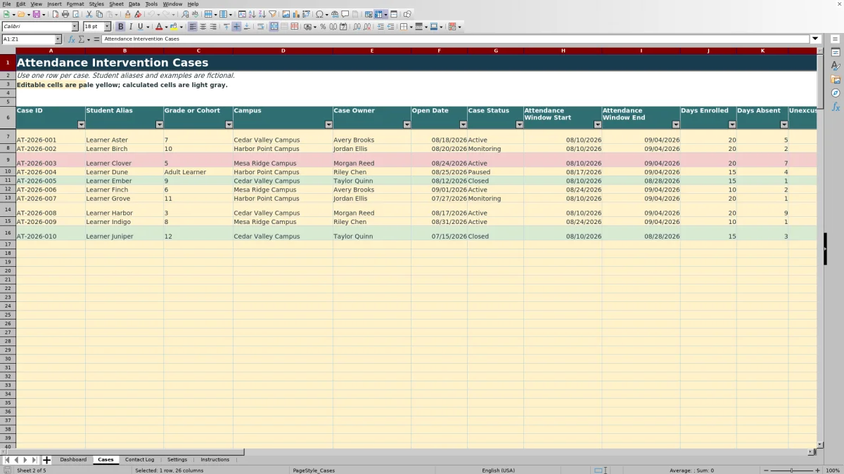 Capture 2 : feuille Cases — attendance intervention case tracker