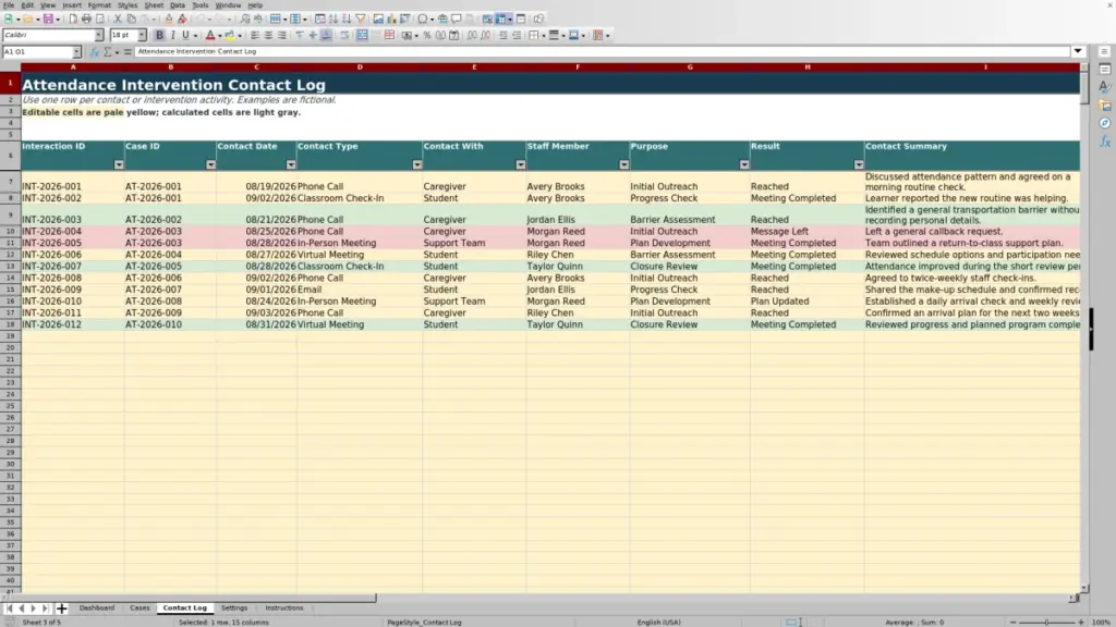 Preview of the Contact Log sheet in Free Attendance Intervention Case Tracker Excel Template 2026