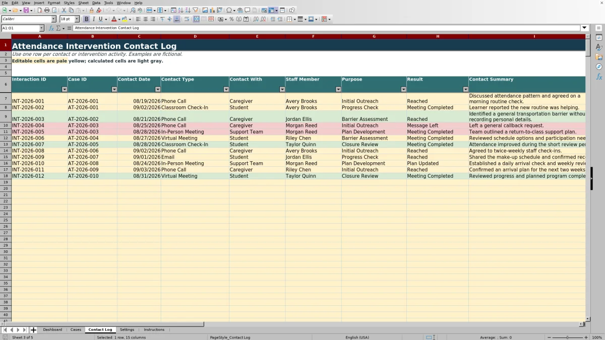 Capture 3 : feuille Contact Log — attendance intervention case tracker
