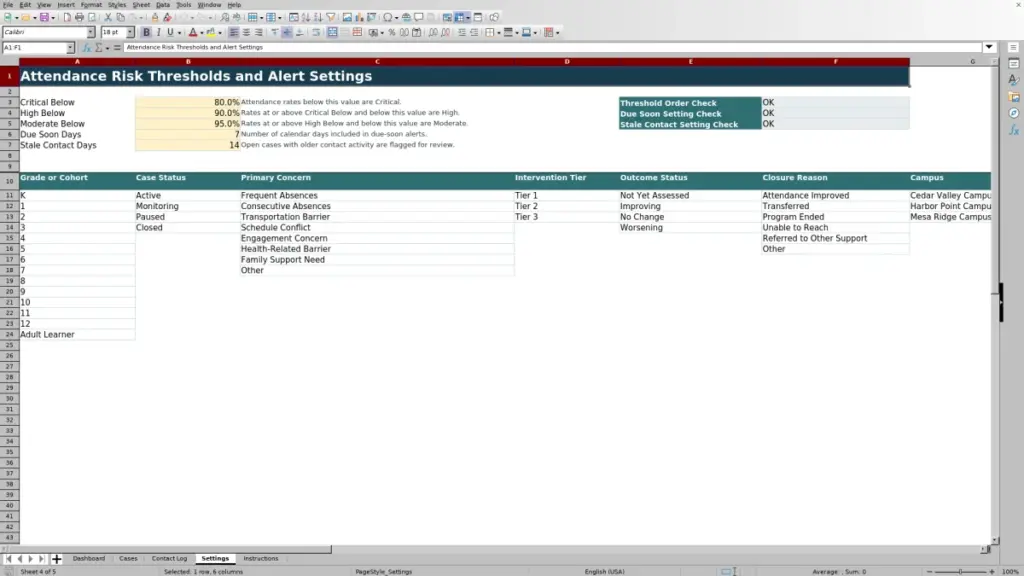 Preview of the Settings sheet in Free Attendance Intervention Case Tracker Excel Template 2026