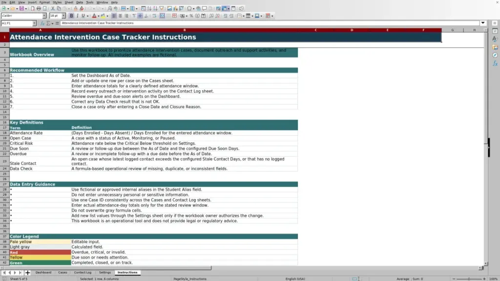 Preview of the Instructions sheet in Free Attendance Intervention Case Tracker Excel Template 2026