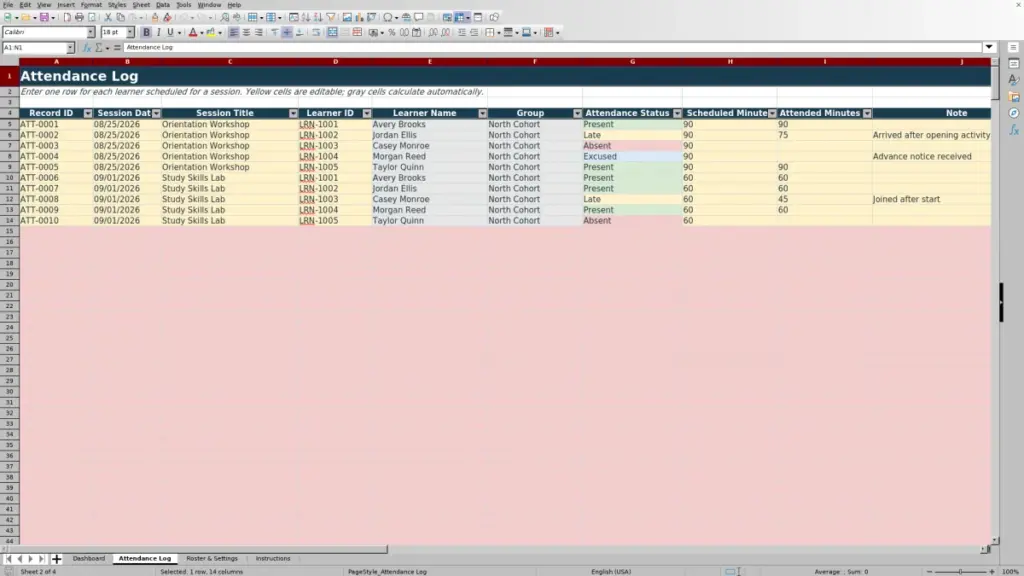 Preview of the Attendance Log sheet in Free Attendance Sheet Template for Excel 2026