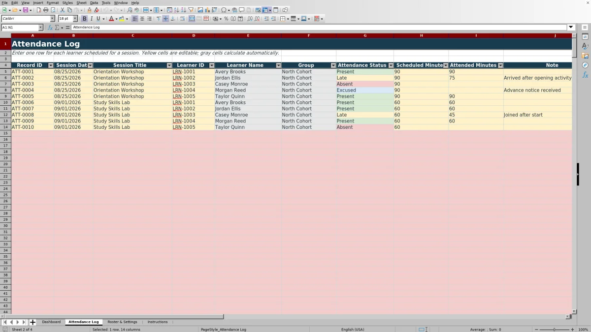 Capture 2 : feuille Attendance Log — attendance sheet template