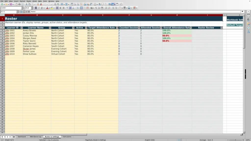 Preview of the Roster & Settings sheet in Free Attendance Sheet Template for Excel 2026