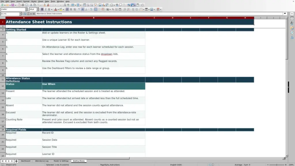Preview of the Instructions sheet in Free Attendance Sheet Template for Excel 2026
