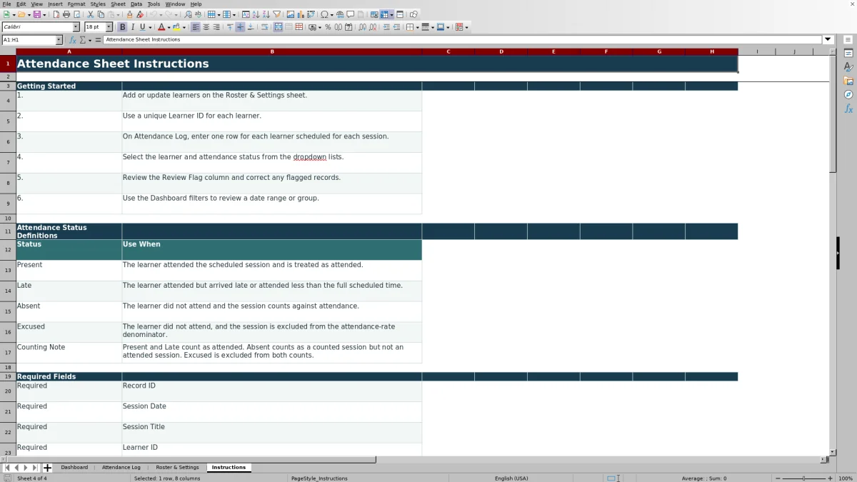 Capture 4 : feuille Instructions — attendance sheet template