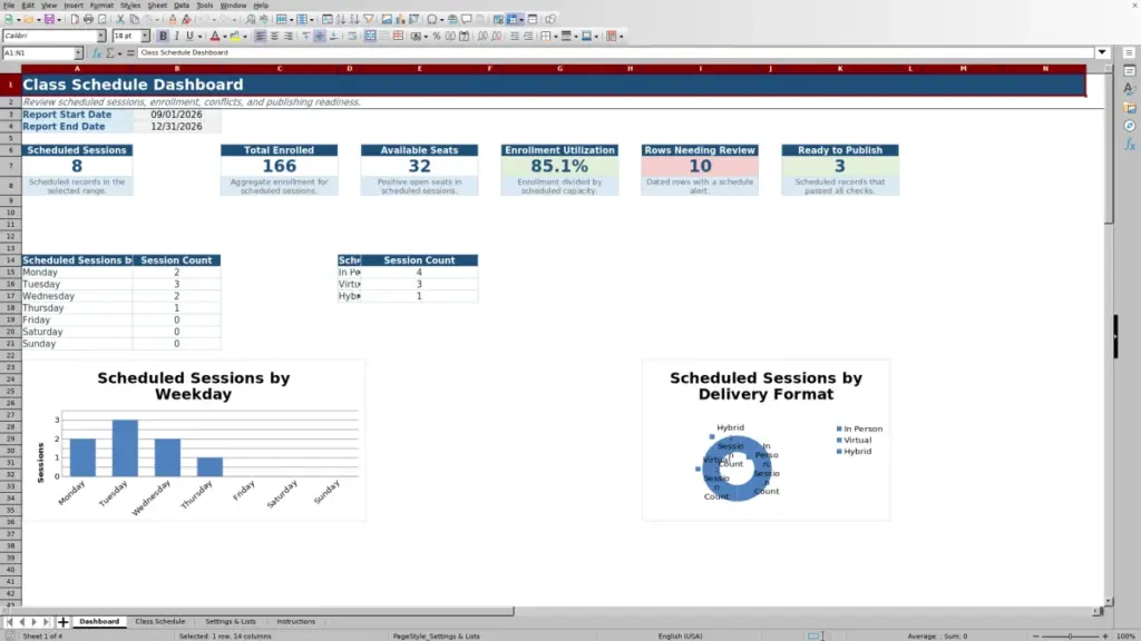 Preview of the Dashboard sheet in Free Class Schedule Template for Excel 2026
