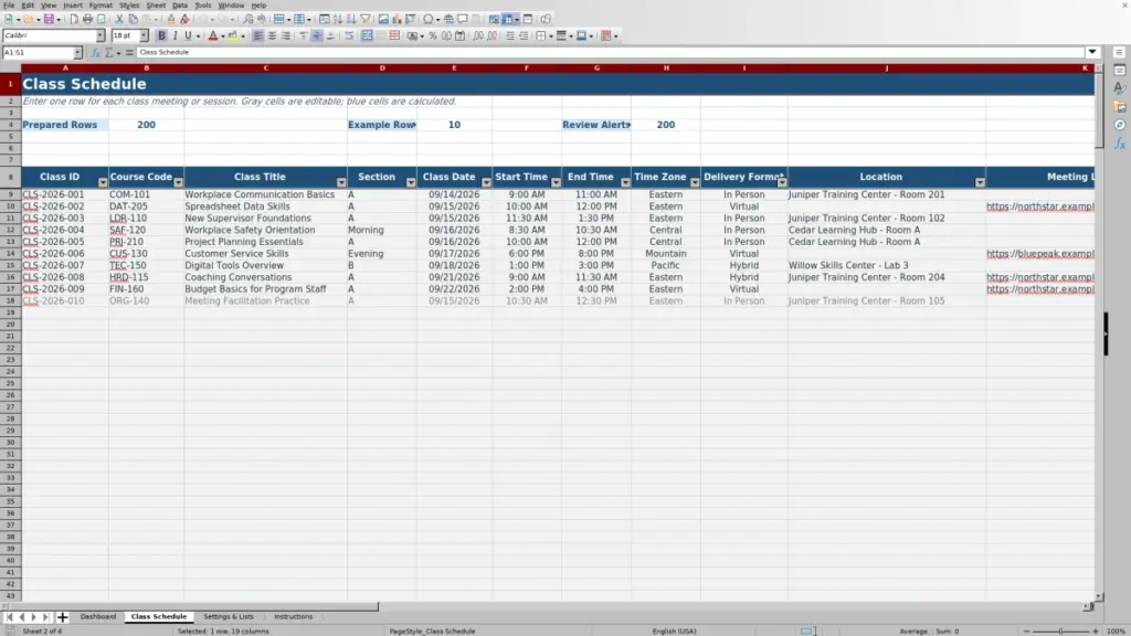 Preview of the Class Schedule sheet in Free Class Schedule Template for Excel 2026