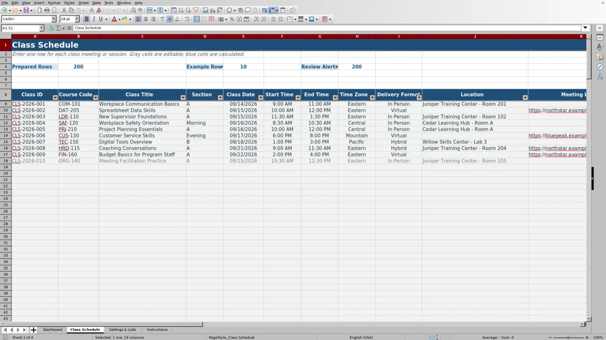 Capture 2 : feuille Class Schedule — class schedule template