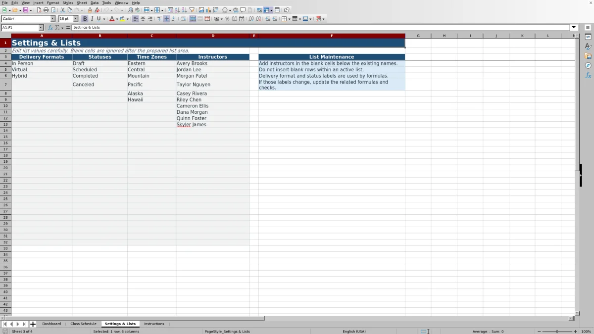 Capture 3 : feuille Settings & Lists — class schedule template