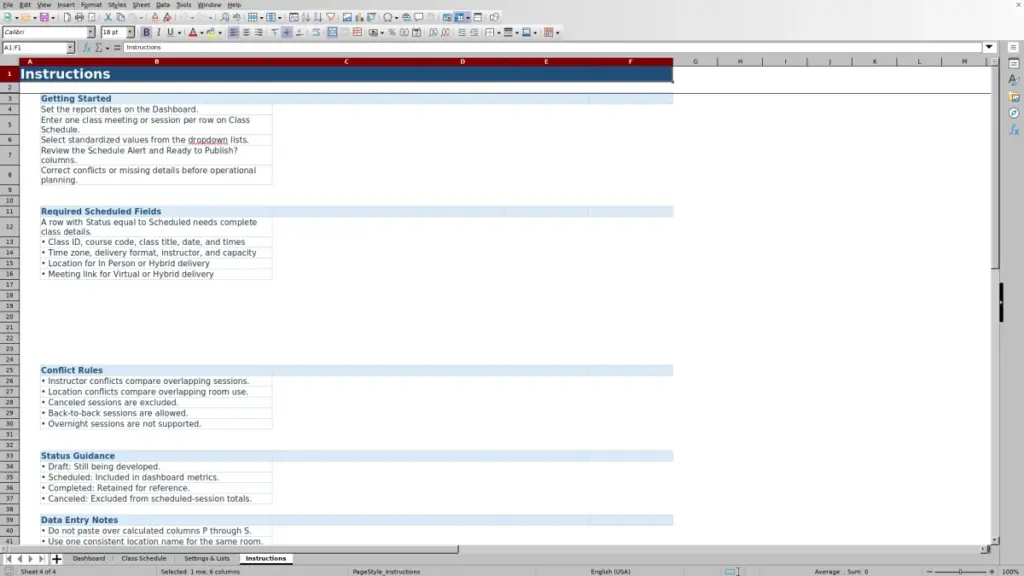 Preview of the Instructions sheet in Free Class Schedule Template for Excel 2026