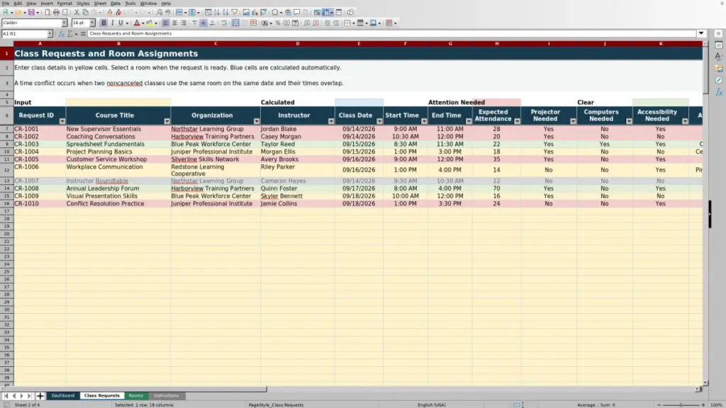 Preview of the Class Requests sheet in Free Classroom Allocation Planner Excel Template 2026