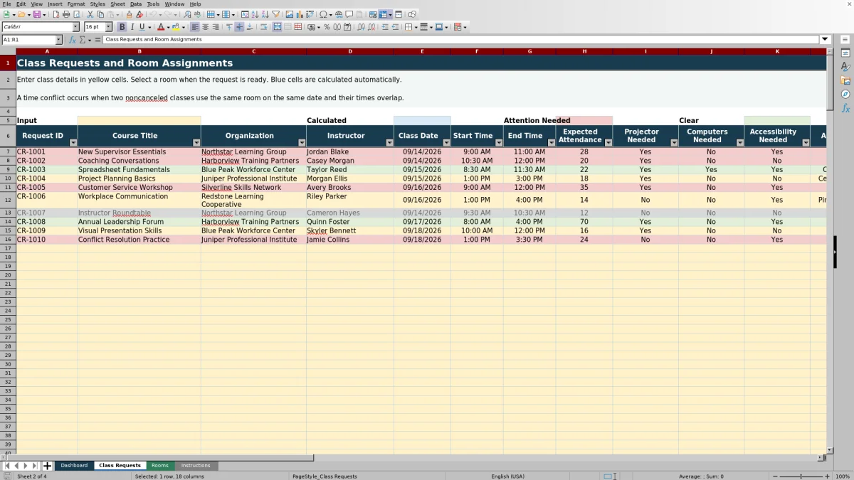 Capture 2 : feuille Class Requests — classroom allocation planner