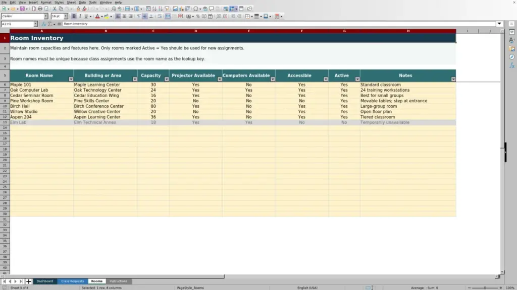 Preview of the Rooms sheet in Free Classroom Allocation Planner Excel Template 2026
