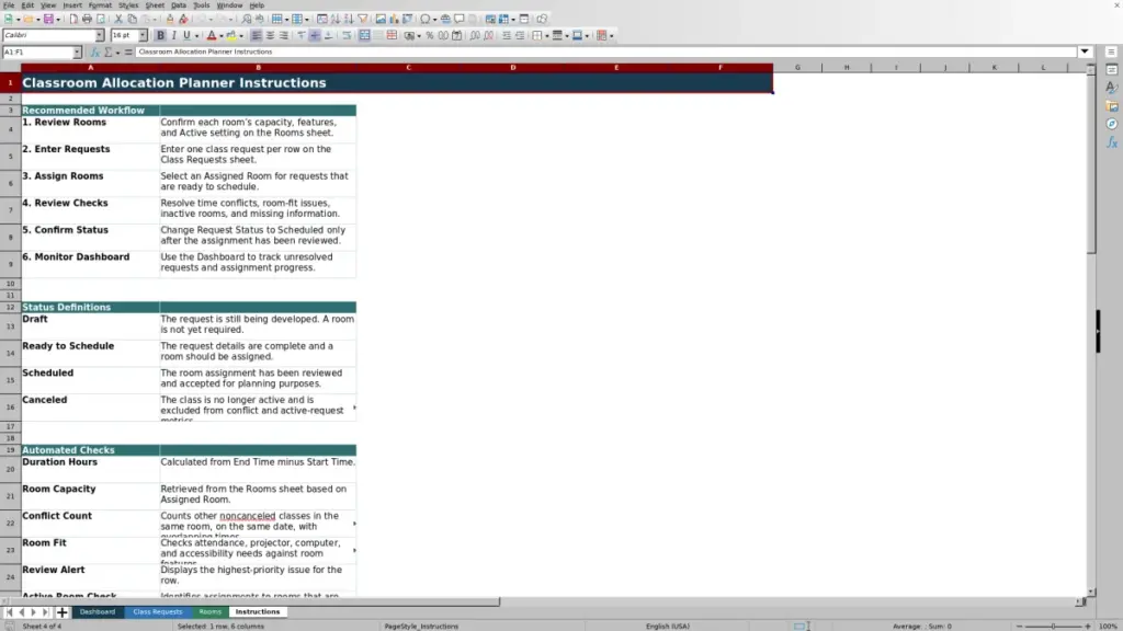 Preview of the Instructions sheet in Free Classroom Allocation Planner Excel Template 2026