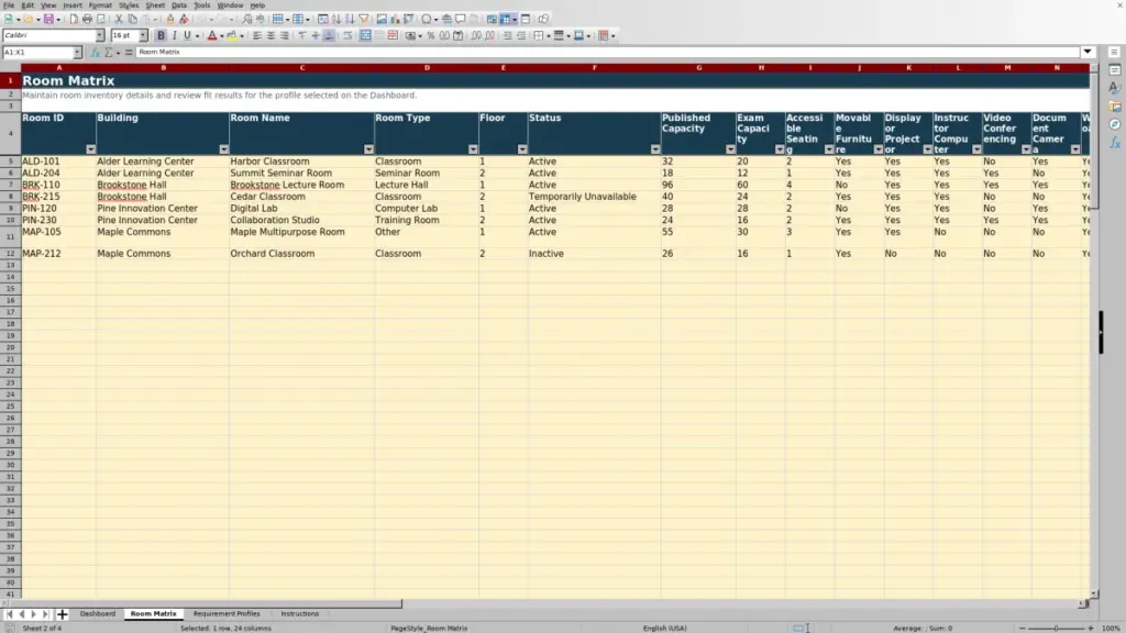 Preview of the Room Matrix sheet in Free Classroom Capacity and Feature Matrix Excel Template 2026