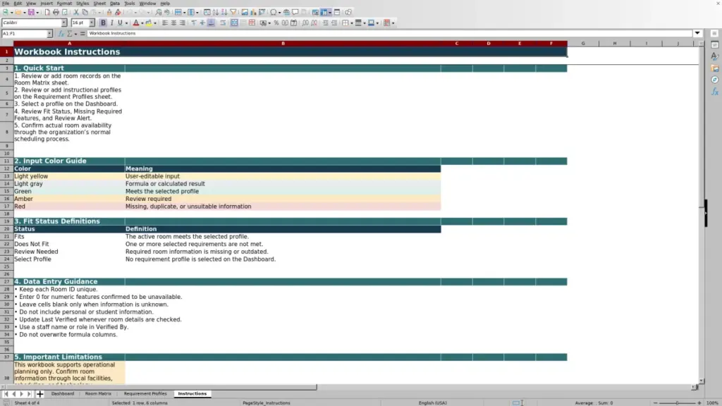 Preview of the Instructions sheet in Free Classroom Capacity and Feature Matrix Excel Template 2026