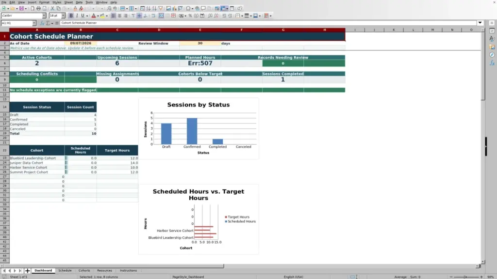 Preview of the Dashboard sheet in Free Cohort Schedule Planner Excel Template 2026