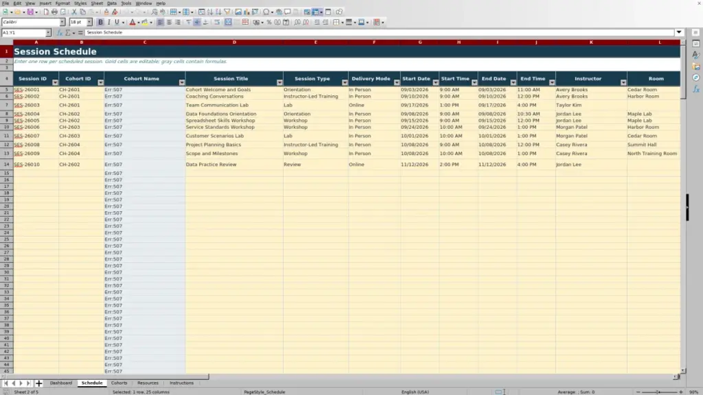 Preview of the Schedule sheet in Free Cohort Schedule Planner Excel Template 2026