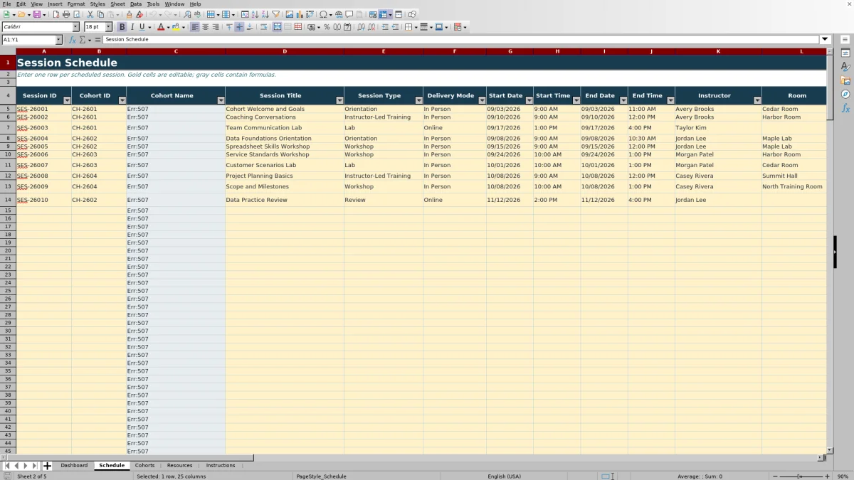 Capture 2 : feuille Schedule — cohort schedule planner