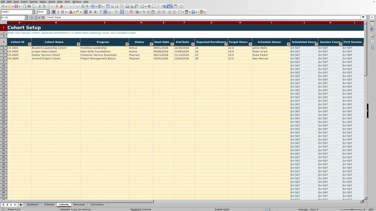 Capture 3 : feuille Cohorts — cohort schedule planner