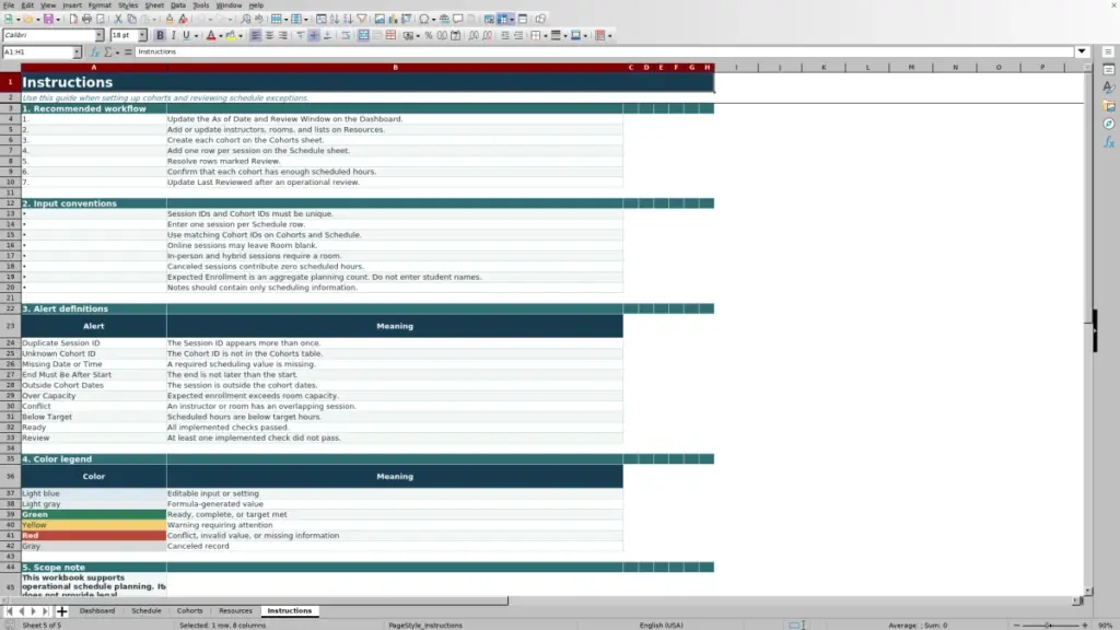 Preview of the Instructions sheet in Free Cohort Schedule Planner Excel Template 2026