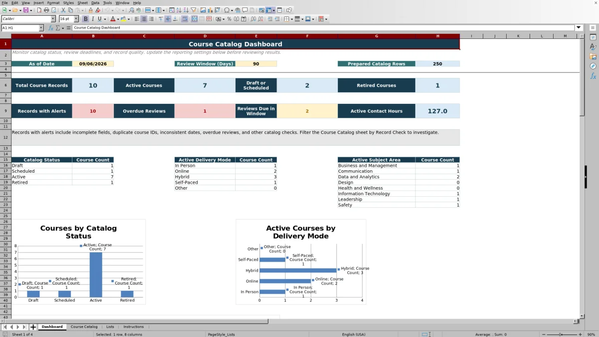 Capture 1 : feuille Dashboard — course catalog master