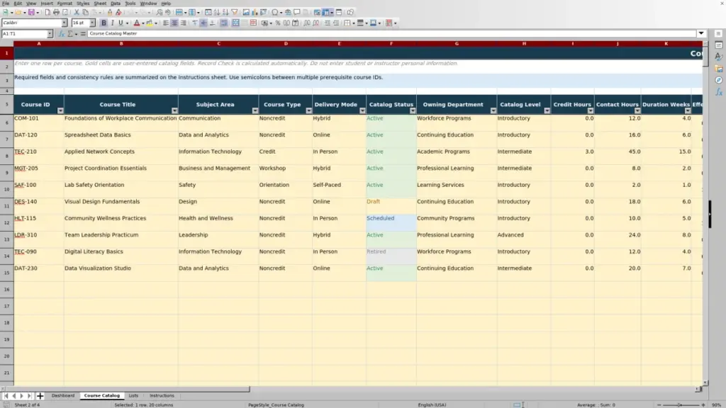 Preview of the Course Catalog sheet in Free Course Catalog Master Excel Template 2026