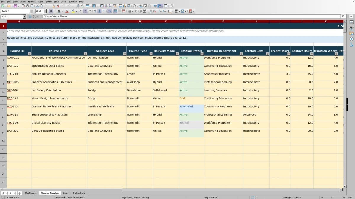Capture 2 : feuille Course Catalog — course catalog master