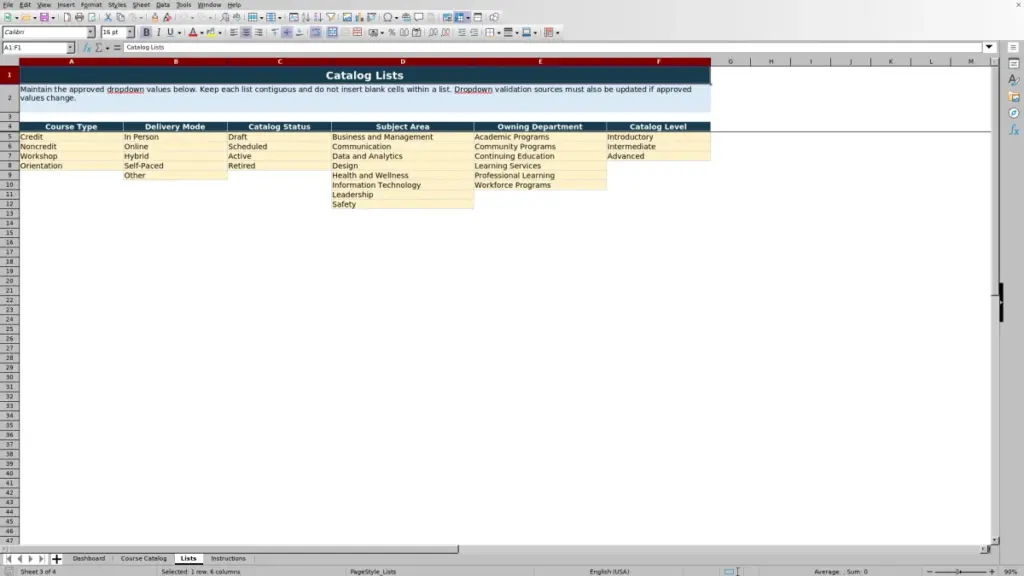 Preview of the Lists sheet in Free Course Catalog Master Excel Template 2026