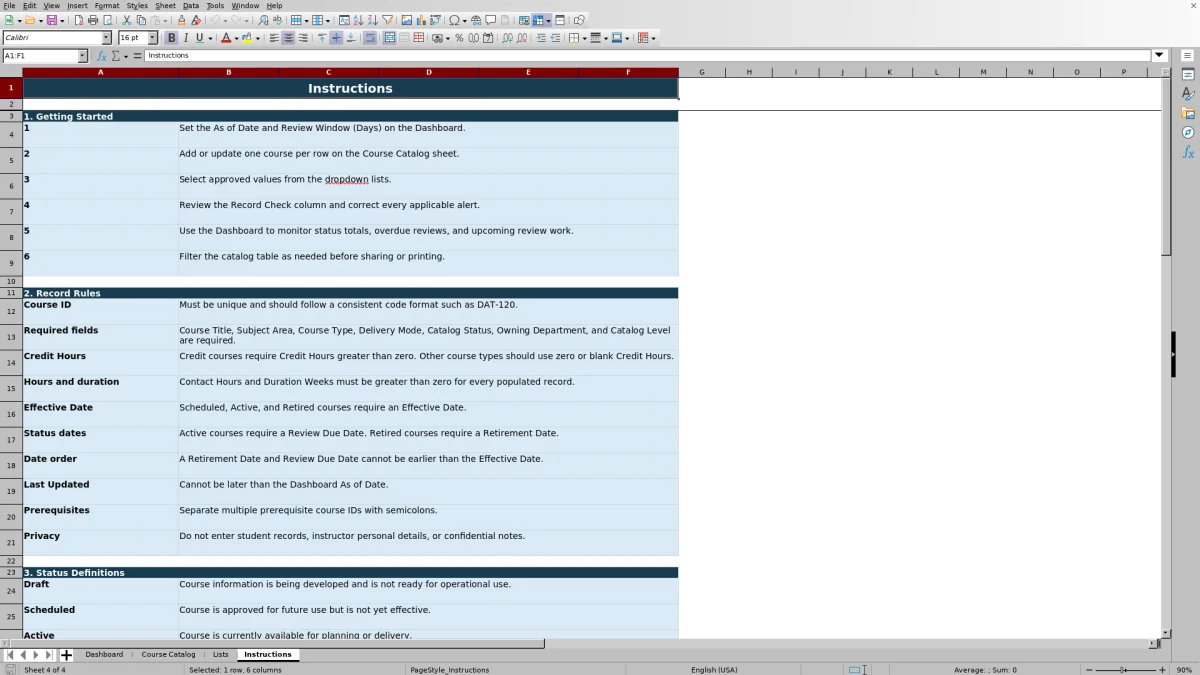 Capture 4 : feuille Instructions — course catalog master