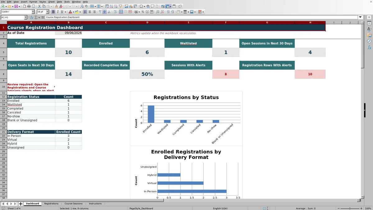 Capture 1 : feuille Dashboard — course registration tracker