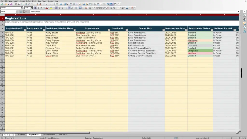 Preview of the Registrations sheet in Free Course Registration Tracker Excel Template 2026