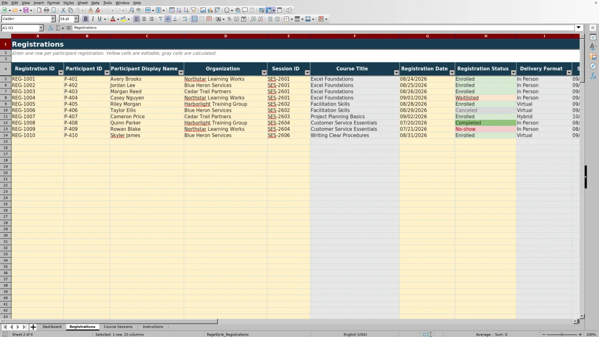 Capture 2 : feuille Registrations — course registration tracker
