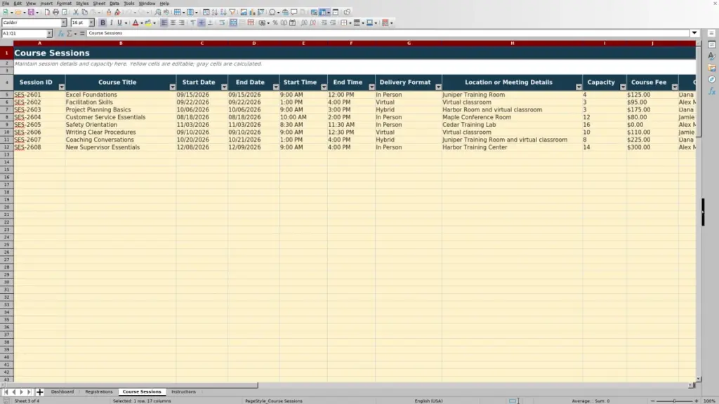 Preview of the Course Sessions sheet in Free Course Registration Tracker Excel Template 2026