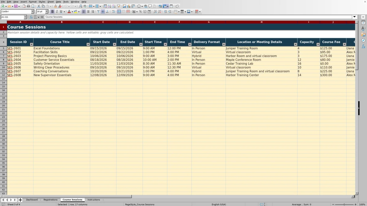 Capture 3 : feuille Course Sessions — course registration tracker