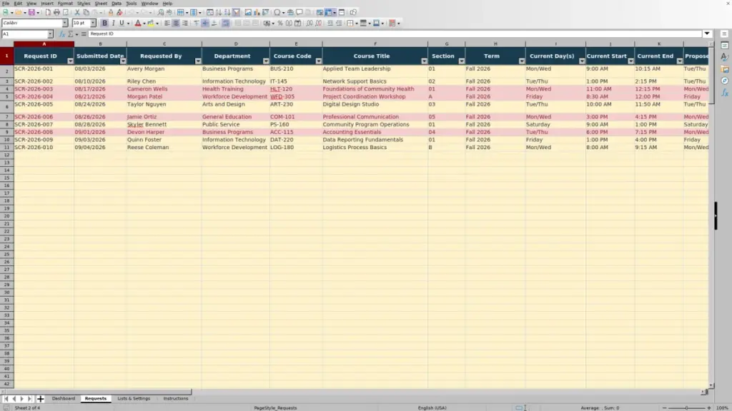 Preview of the Requests sheet in Free Course Schedule Change Request Tracker Excel Template 2026