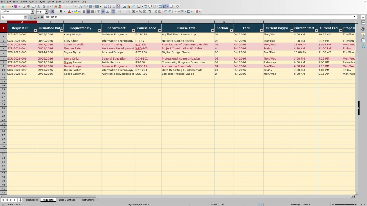 Capture 2 : feuille Requests — course schedule change request tracker