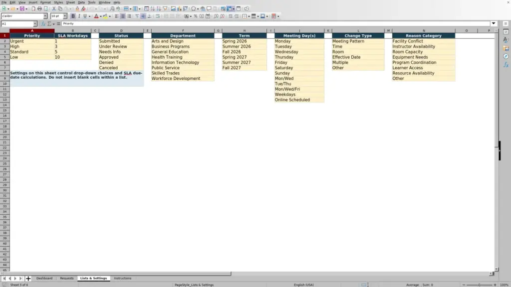 Preview of the Lists & Settings sheet in Free Course Schedule Change Request Tracker Excel Template 2026