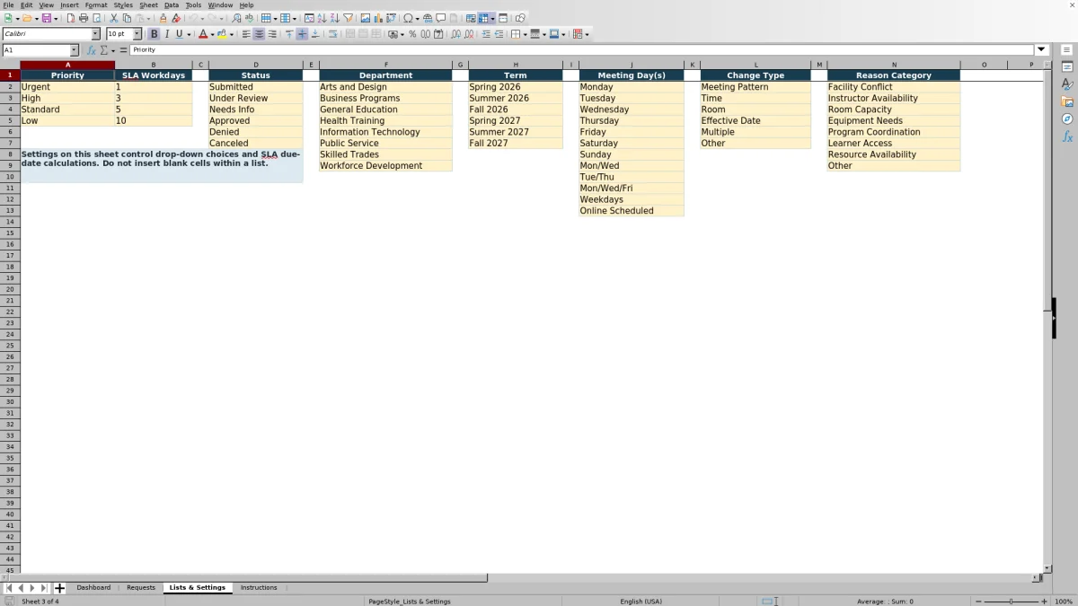 Capture 3 : feuille Lists & Settings — course schedule change request tracker