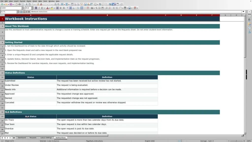 Preview of the Instructions sheet in Free Course Schedule Change Request Tracker Excel Template 2026