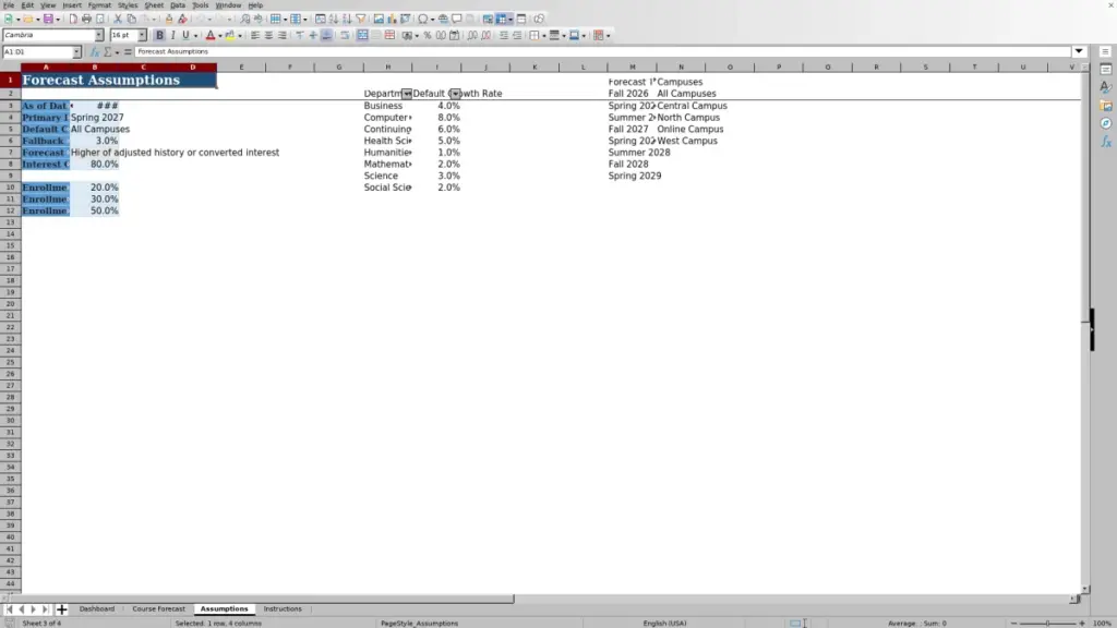 Preview of the Assumptions sheet in Free Course Section Demand Forecast Excel Template 2026