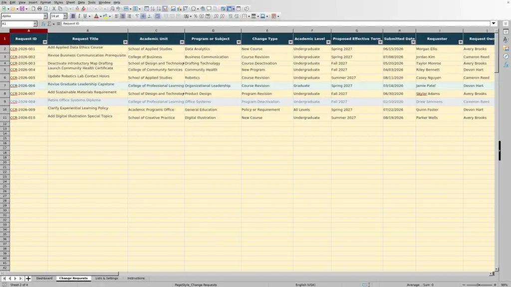 Preview of the Change Requests sheet in Free 2026 Curriculum Change Request Tracker Excel Template
