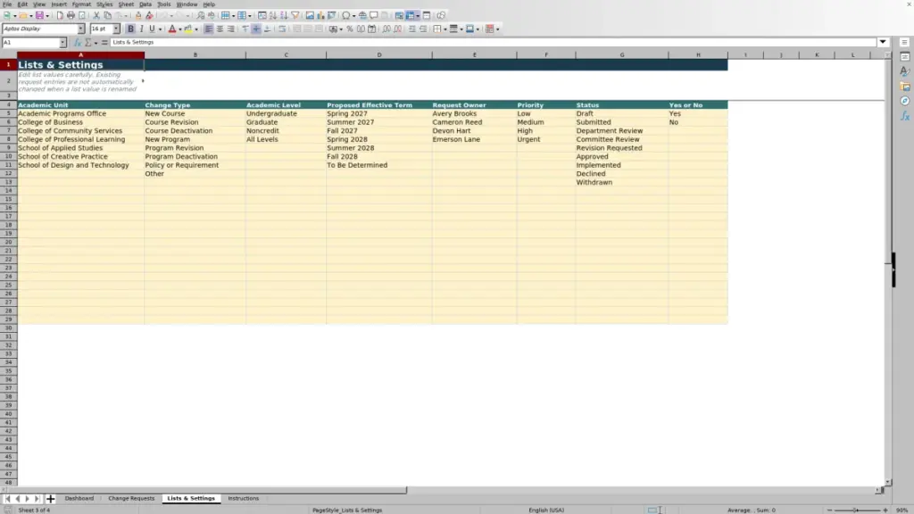 Preview of the Lists & Settings sheet in Free 2026 Curriculum Change Request Tracker Excel Template