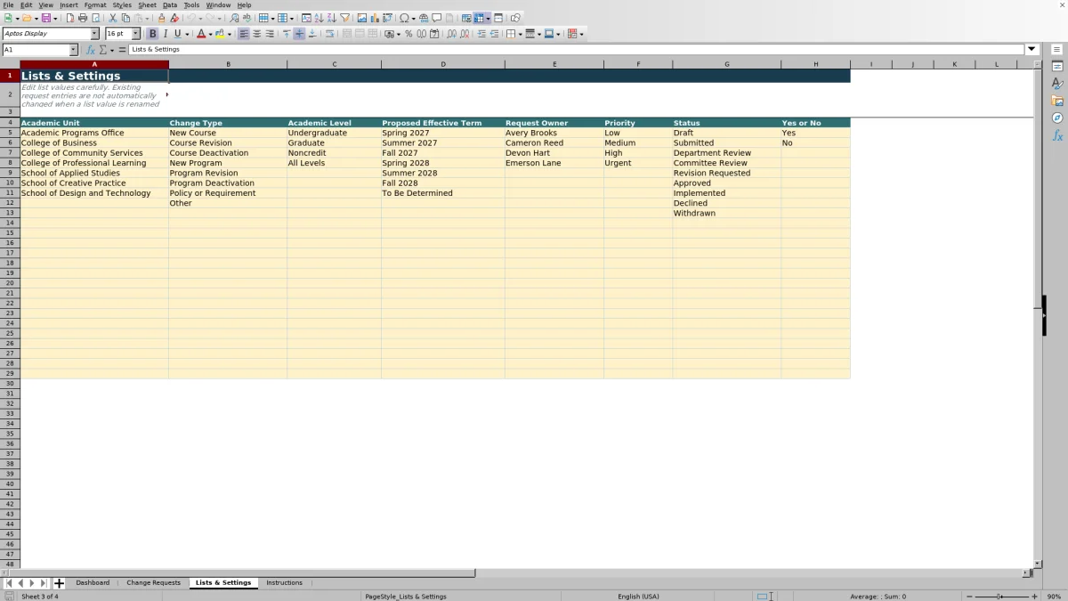 Capture 3 : feuille Lists & Settings — curriculum change request tracker