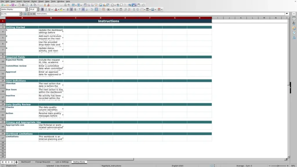 Preview of the Instructions sheet in Free 2026 Curriculum Change Request Tracker Excel Template
