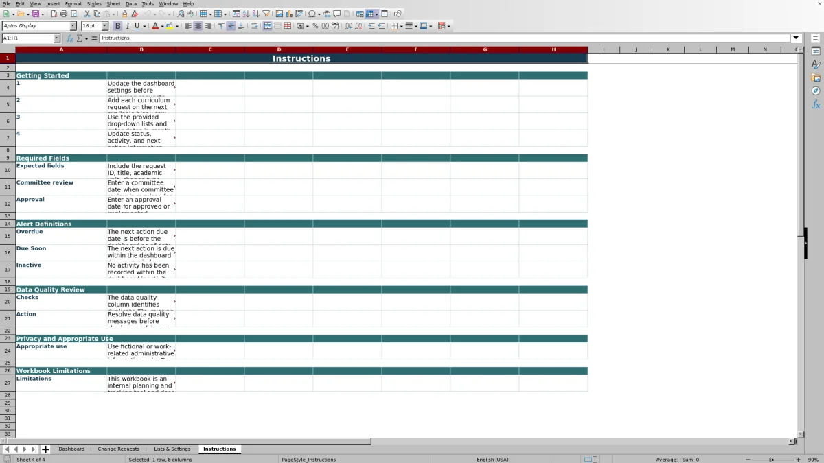 Capture 4 : feuille Instructions — curriculum change request tracker