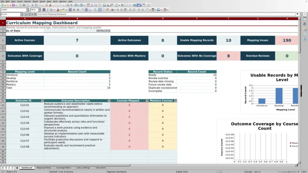 Preview of the Dashboard sheet in Free Curriculum Mapping Matrix Excel Template 2026