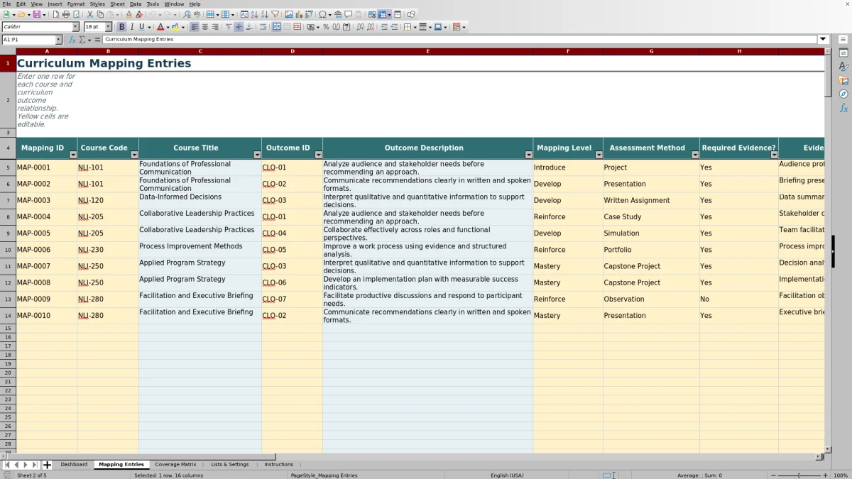 Capture 2 : feuille Mapping Entries — curriculum mapping matrix