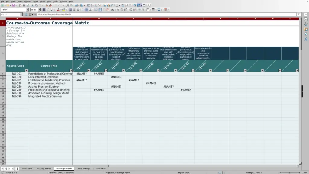 Preview of the Coverage Matrix sheet in Free Curriculum Mapping Matrix Excel Template 2026